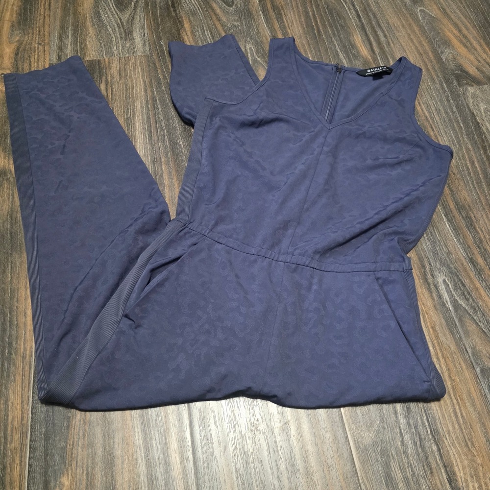 Athleta Brooklyn Textured Jumpsuit Navy Blue Leopard Print Sleeveless size 6